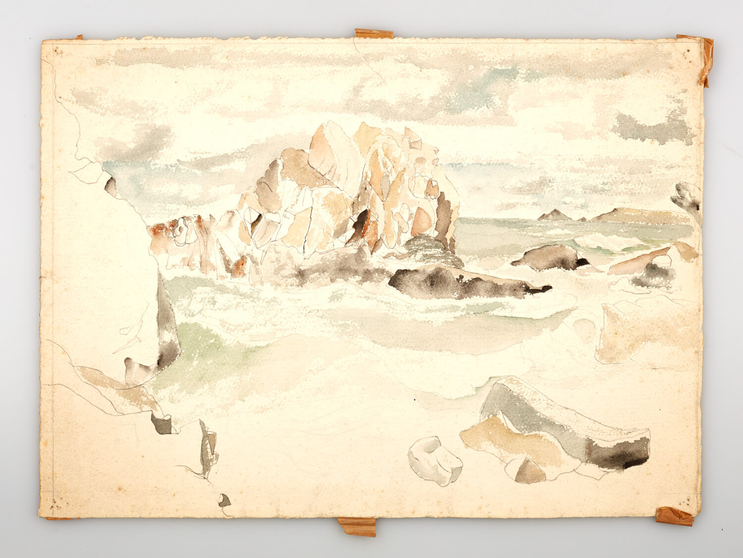 JB259 - Rock and sea, Cornwall sketch - 1946 - 28.5 x 39 cm - Watercolour