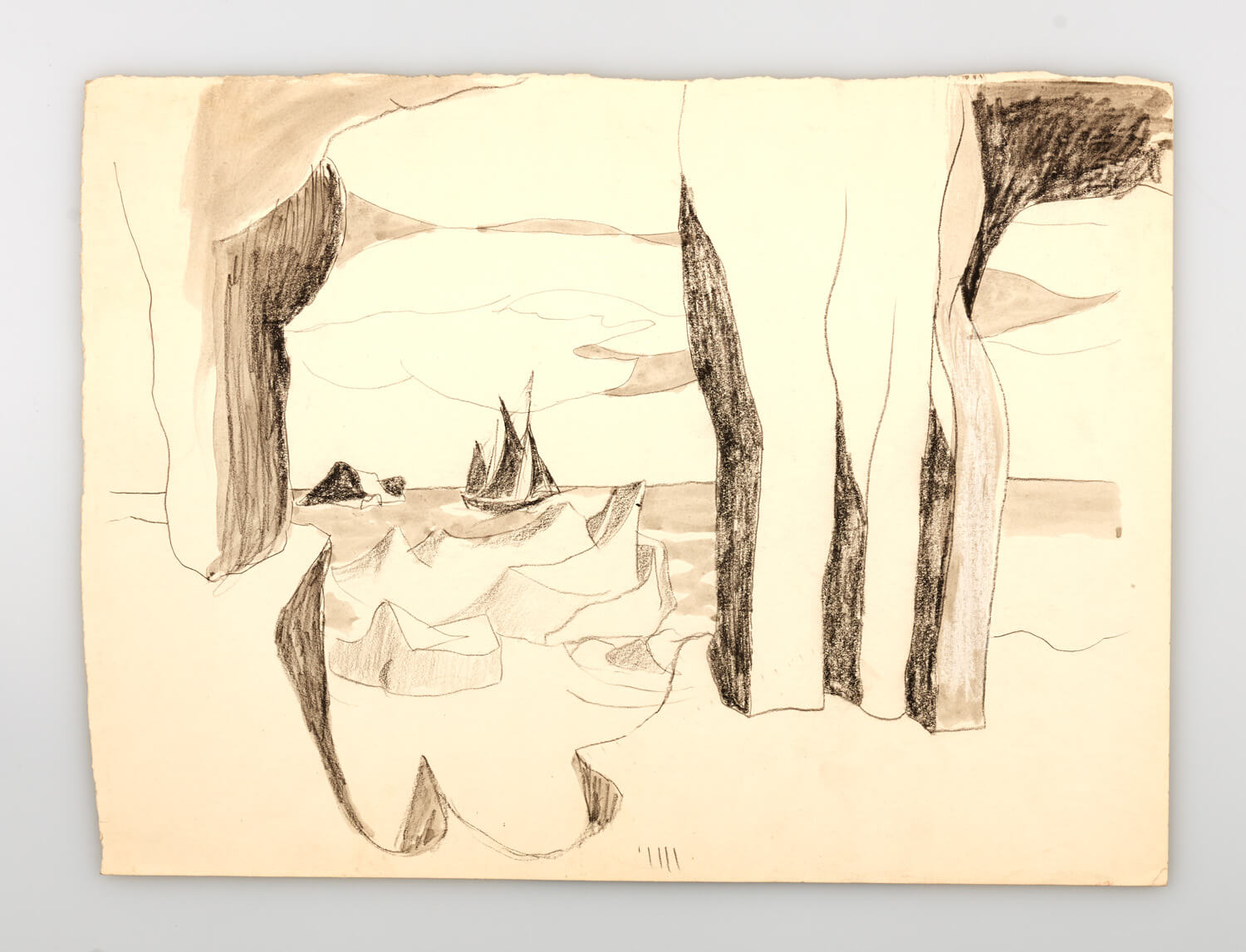 JB262 - Rock and sea, Cornwall sketch - 1946 - 28 x 38 cm - Pencil, conte and watercolour