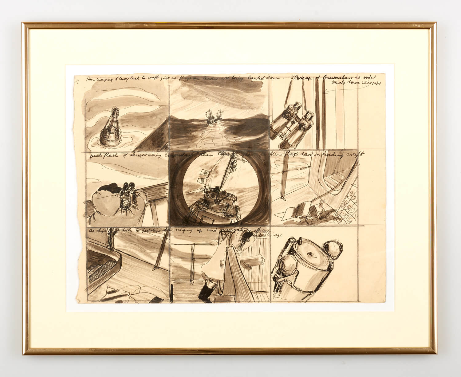 JB305 - Drawing World War 2 on boat - idea for a film - 1944 - 28 x 38 cm